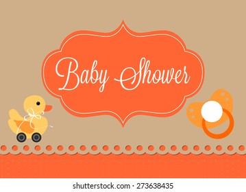 baby shower invitation card, vintage card with duck with wheels and pacifier on light background