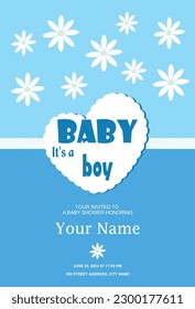 Baby shower invitation card, white daisies, lace and heart shaped frame.
