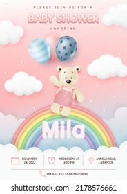 Baby Shower Invitation Cards. Cute Teddy Bear With Balloons Over The Rainbow On The Pink Sky Background, Baby And Kids Birthday Party, Poster, Greeting. It’s A Girl