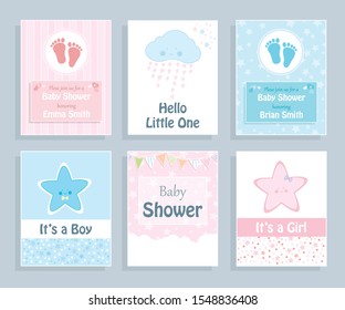 Baby shower invitation cards set of 6. Cute hand drawn illustrations pink and blue with stars, hearts, little cloud and baby feet.