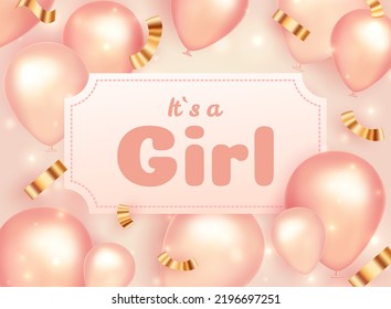 Baby shower invitation with cartoon balloon. It's a girl. Vector illustration.