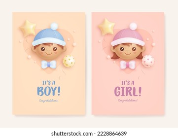 Baby shower invitation with cartoon black baby boy and black baby girl on beige and pink background. It's a girl. It's a boy. Vector illustration