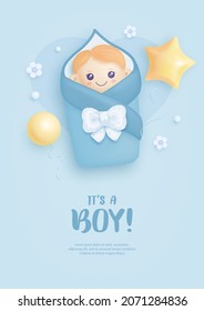 Baby shower invitation with cartoon baby boy and helium balloons on blue background. It's a boy. Vector illustration