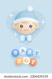 Baby shower invitation with cartoon baby boy and colorful helium balloons on blue background. It's a boy. Vector illustration