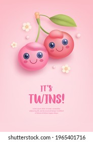 Baby shower invitation with cartoon cherry twins and flowers on pink background. It's twins. Vector illustration