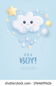 Baby shower invitation with cartoon cloud, helium balloons and flowers on blue background. It's a boy. Vector illustration