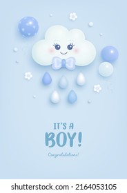 Baby Shower Invitation With Cartoon Cloud, Helium Balloons On Blue Background. It's A Boy. Vector Illustration