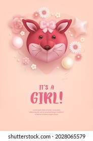 Baby shower invitation with cartoon fox, helium balloons and flowers on pink background. It's a girl. Vector illustration