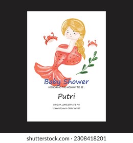 baby shower invitation with cartoon baby mermaid