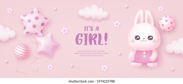 Baby shower invitation with cartoon rabbit, helium balloon, clouds and flowers on pink background. It's a girl. Vector illustration