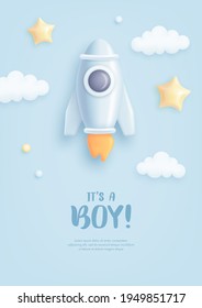 Baby shower invitation with cartoon rocket and stars on blue background. It's a boy. Vector illustration