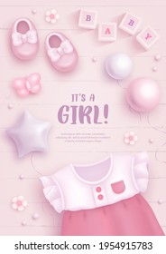 Baby shower invitation with cartoon shoes, dress, toys and helium balloons on pink background. It's a girl. Vector illustration