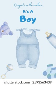 Baby shower invitation with cartoon shoes, toys and helium balloons on blue background. It's a Boy