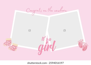 Baby shower invitation with cartoon shoes, toys and helium balloons on blue background. It's a girl
