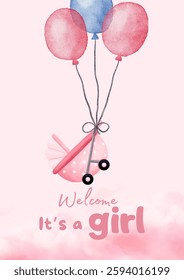 Baby shower invitation with cartoon shoes, toys and helium balloons on blue background. It's a girl
