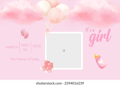 Baby shower invitation with cartoon shoes, toys and helium balloons on blue background. It's a girl