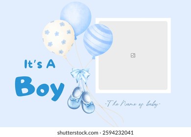 Baby shower invitation with cartoon shoes, toys and helium balloons on blue background. It's a Boy