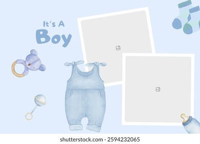 Baby shower invitation with cartoon shoes, toys and helium balloons on blue background. It's a Boy