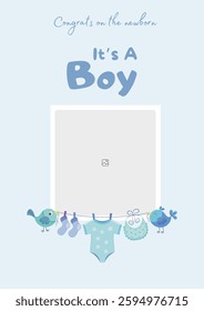 Baby shower invitation with cartoon shoes, toys and helium balloons on blue background. It's a Boy