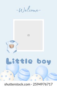 Baby shower invitation with cartoon shoes, toys and helium balloons on blue background. It's a Boy