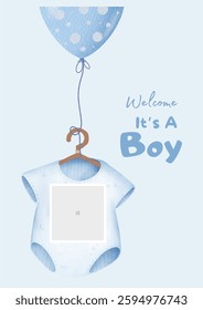 Baby shower invitation with cartoon shoes, toys and helium balloons on blue background. It's a Boy