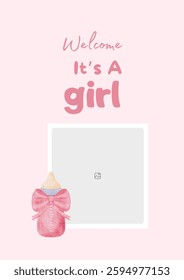 Baby shower invitation with cartoon shoes, toys and helium balloons on blue background. It's a girl