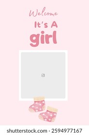 Baby shower invitation with cartoon shoes, toys and helium balloons on blue background. It's a girl