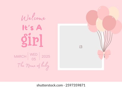 Baby shower invitation with cartoon shoes, toys and helium balloons on blue background. It's a girl.