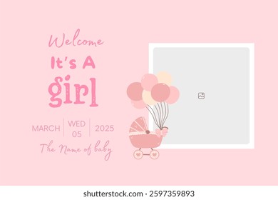 Baby shower invitation with cartoon shoes, toys and helium balloons on blue background. It's a girl.