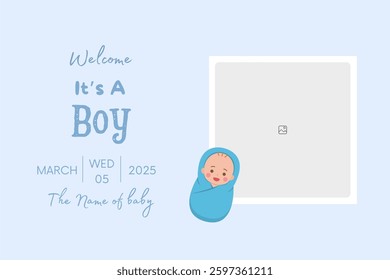 Baby shower invitation with cartoon shoes, toys and helium balloons on blue background. It's a Boy.