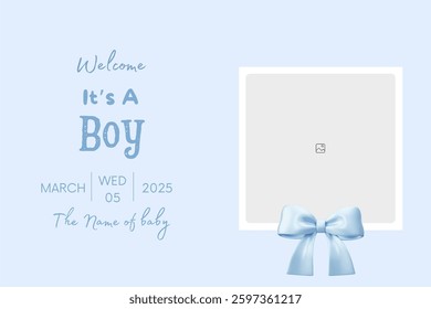 Baby shower invitation with cartoon shoes, toys and helium balloons on blue background. It's a Boy.
