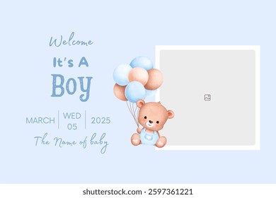 Baby shower invitation with cartoon shoes, toys and helium balloons on blue background. It's a Boy.