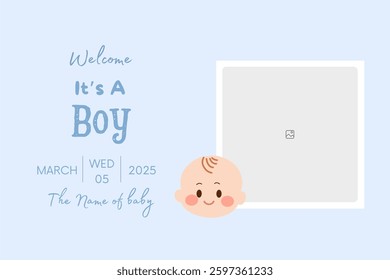 Baby shower invitation with cartoon shoes, toys and helium balloons on blue background. It's a Boy.