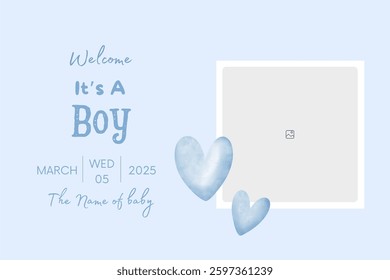 Baby shower invitation with cartoon shoes, toys and helium balloons on blue background. It's a Boy.