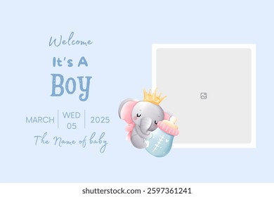 Baby shower invitation with cartoon shoes, toys and helium balloons on blue background. It's a Boy.