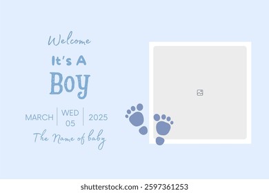 Baby shower invitation with cartoon shoes, toys and helium balloons on blue background. It's a Boy.