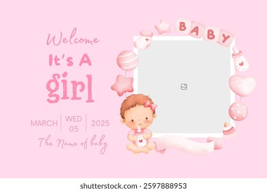 Baby shower invitation with cartoon shoes, toys and helium balloons on pink background. It's a girl.