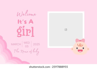 Baby shower invitation with cartoon shoes, toys and helium balloons on pink background. It's a girl.