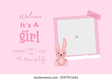 Baby shower invitation with cartoon shoes, toys and helium balloons on pink background. It's a girl.