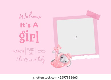 Baby shower invitation with cartoon shoes, toys and helium balloons on pink background. It's a girl.