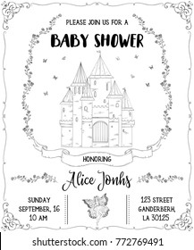Baby shower invitation with castle, fairy, roses and butterflies. Fairy tale theme. Vintage vector illustration