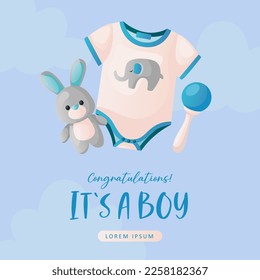 Baby shower invitation with clothes, rabbit soft toy, rattle on blue. Lettering It's a boy. Hello baby celebration, holiday, event. Banner, flyer. Cartoon illustration