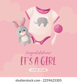 Baby shower invitation with clothes, rabbit soft toy, rattle on pink. Lettering It's a girl. Hello baby celebration, holiday, event. Banner, flyer. Cartoon illustration