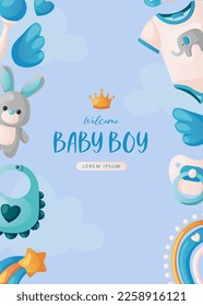 Baby shower invitation with clothes, stars, toys, rattle, wings helium balloons and heart on blue. Lettering It's a boy. Hello baby celebration, holiday, event. Banner, flyer. Cartoon vector