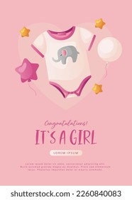 Baby shower invitation with clothes, stars, helium balloons and heart on pink. Lettering It's a girl. Hello baby celebration, holiday, event. Banner, flyer. Cartoon illustration