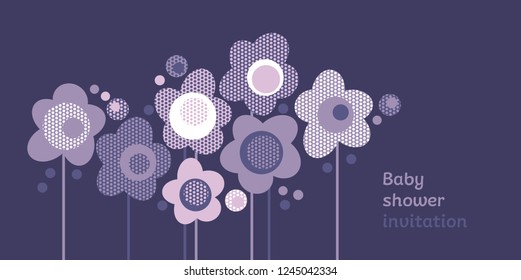 Baby shower invitation color vector template. Violet blooming flowers illustration. Floral abstract background with typography. Decorative blossom backdrop with text space. Poster, banner soft design