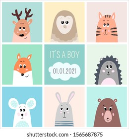 Baby shower invitation with cute animals heads, vector illustrations for nursery room design, poster, birthday cards. Deer, owl, cat, fox, hedgehog, mouse, bunny and teddy bear on pastel background