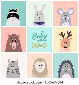 Baby shower invitation with cute animals heads, vector illustrations for nursery room design, poster, birthday cards. Raccoon, rabbit, mouse, bear, deer, cat, owl and hedgehog on pastel background