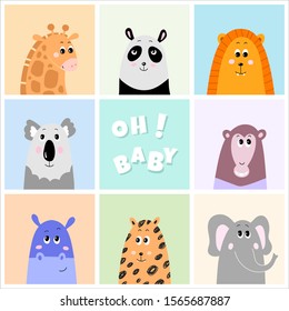 Baby shower invitation with cute animals heads, vector illustrations for nursery design, poster, birthday cards. Giraffe, panda, lion, koala, monkey, hippo, leopard and elephant on pastel background