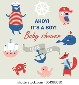 Baby shower invitation with cute animals in nautical style